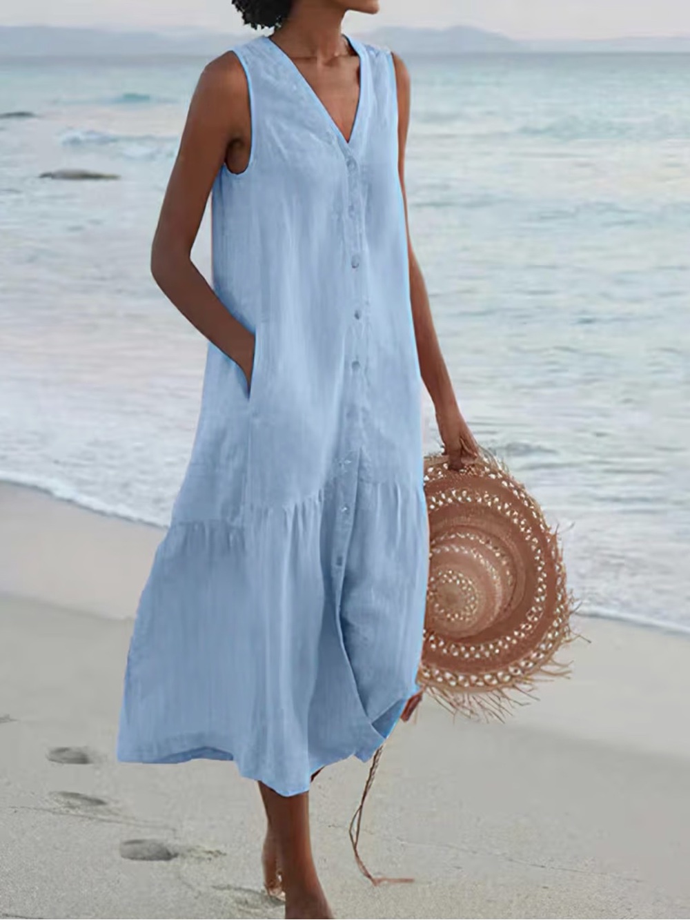 Light Blue Sleeveless V-Neck Cotton Button-Front Beach Dress